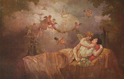 Történelmi üdvözlőlap angyalokkal, hogy szerencsét hozzon egy nőnek, giccses-romantikus alkotó: Unknown artist