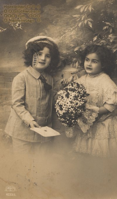 Történelmi névnapi üdvözlőlap, gyerekek baba jelmezben, giccses, romantikus alkotó: Unknown artist