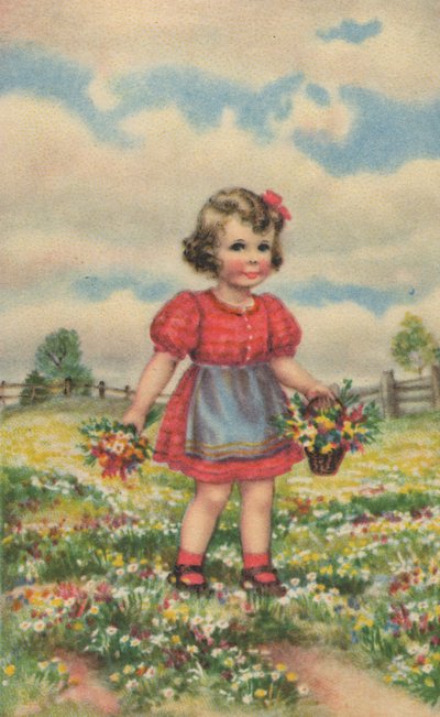 Történelmi képeslap egy boldog lánnyal a réten, üdvözlőlap alkotó: Unknown artist