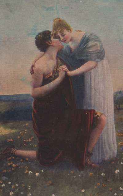 Történelmi üdvözlőlap történelmi motívummal, nővel és a középkor harcosával alkotó: Unknown artist