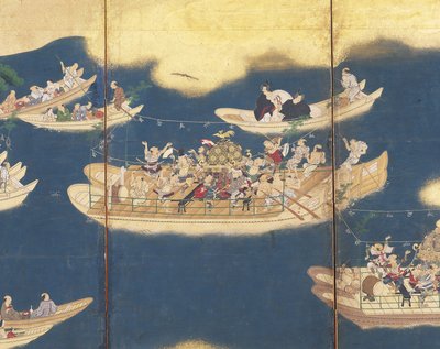 Hiyoshi-Sann? Fesztivál (tinta, színes és aranylevél papíron, hat paneles képernyő) alkotó: Unknown artist