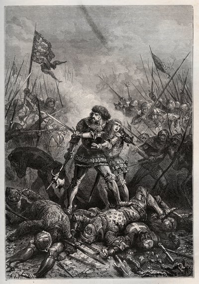 Százéves háború: II. Jó János francia király és fia, II. Fülöp, burgundi (1342-1404), aki „Philippe le Hardiként” ismert, harcol az angolokkal a poitiers-i csatában 1356. 09. 19-én (király) Franciaország II. János francia (1319-1364) és fia, Fülöp alkotó: Unknown artist