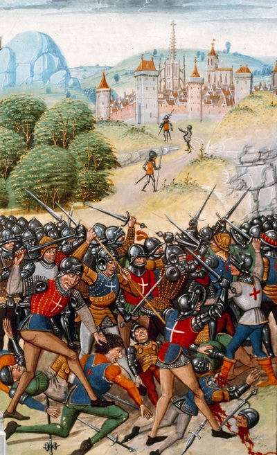 Százéves háború: Pontvallaini csata francia és angol között 1370. 12. 04-én” Miniatűr Jean Froissart (1337-1400) „Krónikáiból” 15. századi Párizs. B.N. alkotó: Unknown artist