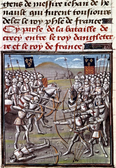 Százéves háború: a crecy-i csata 1346.08.26-án a franciák és az angolok között. Miniatűr Jean Froissart (1337-1400) krónikáiból alkotó: Unknown artist