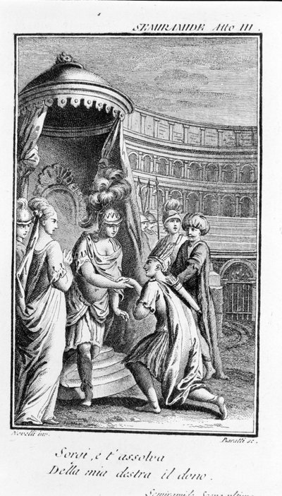 Semiramis illusztrációja, Antonio Salieri (1750 - 1825) operája. Pierre Metastase (vagy Peter Metastasius) füzete. III. felvonás, utolsó jelenet. alkotó: Unknown artist