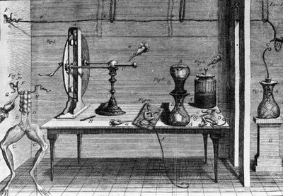 Luigi Galvani olasz fizikus és orvos (1737-1798) kísérleteinek illusztrációja, amely elmagyarázza a béka lábait mozgató elektromos áram áthaladását. alkotó: Unknown artist
