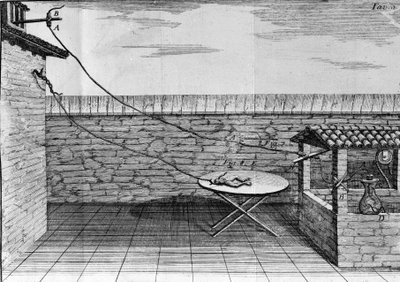 Luigi Galvani olasz fizikus és orvos (1737-1798) kísérleteinek illusztrációja, amely elmagyarázza a béka lábait mozgató elektromos áram áthaladását. alkotó: Unknown artist