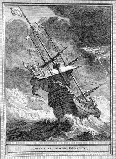 Jean de La Fontaine „Jupiter és az utas” című meséjének illusztrációja alkotó: Unknown artist