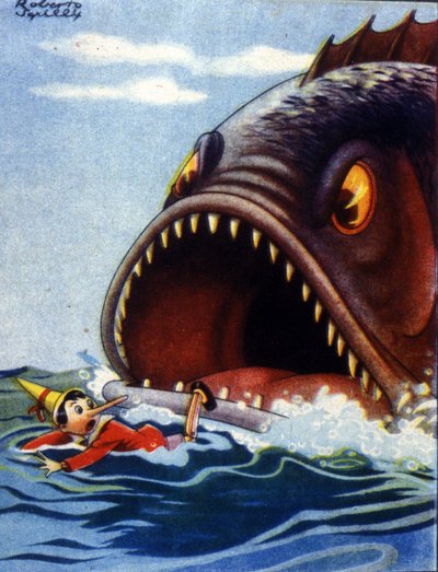 Illusztráció Carlo Collodi Pinokkió című meséjéről. Egy hatalmas hal meg akarja enni Pinokkiót. alkotó: Unknown artist