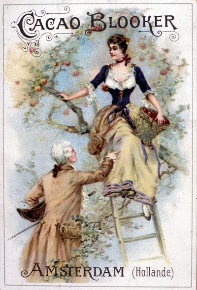 A Blooker Cocoa reklámillusztrációja, amely egy fiatal férfit ábrázol 18. századi divat szerint, amint egy fiatal nőt segít le a létrán. alkotó: Unknown artist