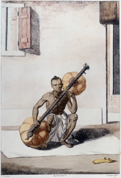 Indiai kultúra, civilizáció és társadalom: zenész hagyományos indiai vonós hangszerrel. Metszet 1808-ból. alkotó: Unknown artist