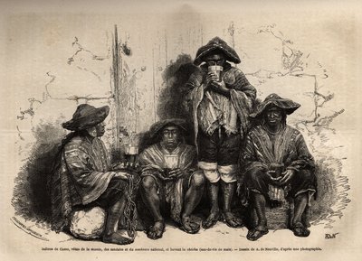 Cuzco (Peru) indiánjai, a manta vetusai, szandálok és hagyományos sombrero, akiket a Chincha-szigetek guanólelőhelyeinek kiaknázására alkalmaztak, vízipipát isznak, de erjesztett pálinkát. Metszet a Les iles Chincha illusztrálására, L.Simo rekt alkotó: Unknown artist