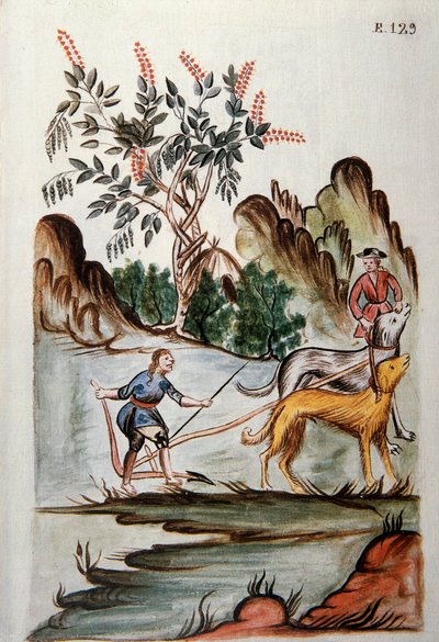 Indiánok szántóföldön kutyákkal, Baltazar Martinez Companion és Bujanda, Trujillo püspöke (1782-1785) „Trujillo del Peru” vagy „Codex Martinez Companion” című könyvéből alkotó: Unknown artist