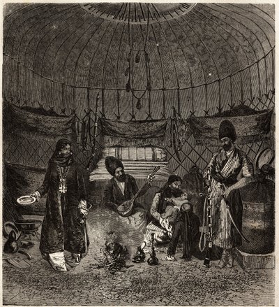 Egy családnak otthont adó török sátorban (Turkmena, Irak), ahol egy barhchi (zenész, mesemondó) dutare kíséretében énekel vagy verset mond, nagyon megragadják ezeket a művészeket. Metszet Henri de Blocqueville történetének illusztrálására „14 mois de capti alkotó: Unknown artist