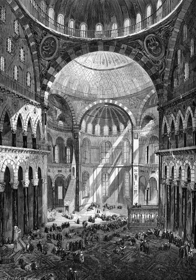 A konstantinápolyi Szent Szófia (Hagia Sophia) mecset belső képe (6. századi bizánci művészet) 1858-ban. alkotó: Unknown artist