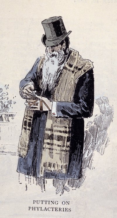 Zsidó vallás: egy imalimet (Talit vagy Tzitzit) viselő zsidó öregember, metszet 1890-ből alkotó: Unknown artist