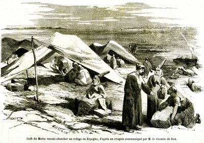 Marokkói zsidók a 19. század közepén a spanyolországi Algesirasban keresnek menedéket (metszet). alkotó: Unknown artist