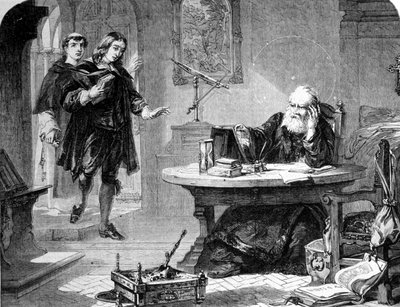 John Milton angol költő és esszéista (1608-1674) meglátogatta Galileo Galileit (Galileo) (1564-1642) a firenzei inkvizíció cellájában. Metszés. 1860 kb. alkotó: Unknown artist