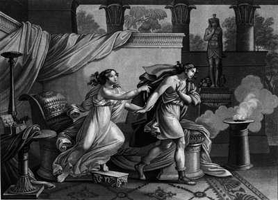József menekül Putiphar (Potifár) felesége elől, hogy elcsábítsa a 19. századi litográfia alkotó: Unknown artist