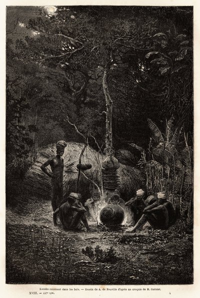 Kanák főznek az erdőben, Pamale területén. Jules Garnier bányamérnök 1863-1866-os új-kaledóniai utazását illusztráló metszet, amelyet a „Le tour du monde, nouveau Journal des voyages” szerkesztett Edouard C. alkotó: Unknown artist