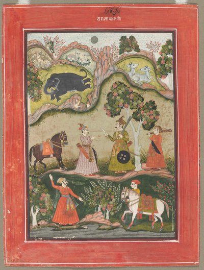 Kanhara Ragini: Inspiráció dala Krsnának az elefántdémon megöléséhez, a Ragamala sorozatból alkotó: Unknown artist