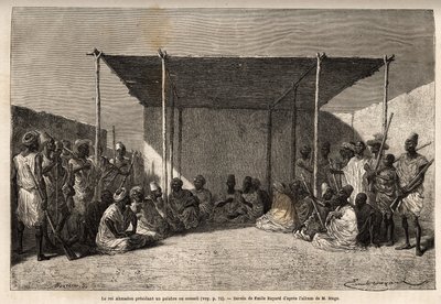 Ahmadou király a Toucouleur birodalom tanácsán vagy palotáján elnököl Segou Sikoróban (Mali), a bölcsek ülnek, a harcosok pedig leülnek, a király muszlim rózsafüzért tart a kezében. Metszet a hadnagy (haditengerészet) M nyugat-szudáni útjának illusztrálásá alkotó: Unknown artist