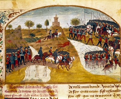 Nagy Sándor király (Kr. e. 356-323) és serege elhalad a Tigris és a Miniatűr Eufrátesz mellett Quintus Curtius Rufus (Quinte Curce) (1. század) „Nagy Sándor tények könyvéből” (1. század), 1468 körül. (Ms. 1335) Reims. Városi Könyvtár alkotó: Unknown artist