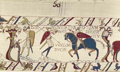 Harold király hírnöke hírt ad neki Vilmos herceg hadseregéről, a Bayeux Tapestry (gyapjú hímzés vászonra) alkotó: Unknown artist