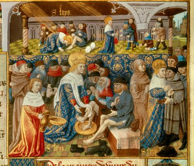 A szegények lábát mosó IX. Lajos király (1214-1270) (Szent Lajos) és a keresztény jótékonykodás jelenetei a Miniatúra királytól „Szent Lajos monsignor tényeinek könyve”” 15. századi kéziratból. Paris, B.N alkotó: Unknown artist