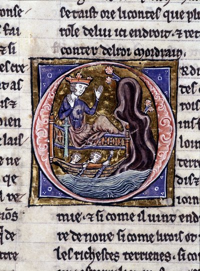 Modreius király. Kézirat: Szent Gréal meghódítása, 717 évvel urunk szenvedélye után. Bibliotheque Municipale de Rennes, ms. 255 (A Kerekasztal regénygyűjteménye); Párizs alkotó: Unknown artist
