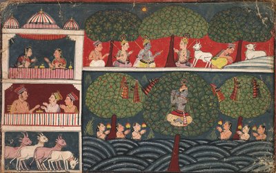 Krisna ellopja a tejeslányok ruháit, és a fák erényéről beszél, egy Braj Bhagavata Puránából alkotó: Unknown artist