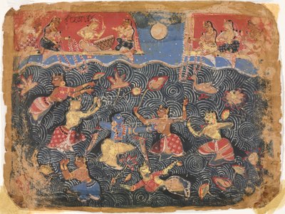 Krisna a gópikkal sportol a Jumna folyóban, egy Bhagavata Puránából alkotó: Unknown artist