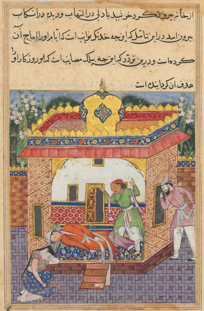 Latif, aki meggyilkolta testvérét, hamisan vádolja Khurshidot a tettével, egy Tuti-namából (Papagáj meséi): Harminckettedik éjszaka alkotó: Unknown artist
