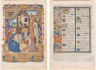Levél az órák könyvéből: Mágusok imádása (recto) és Szöveg illusztrált szegéllyel (verso) (3/3 kivágott levél) alkotó: Unknown artist