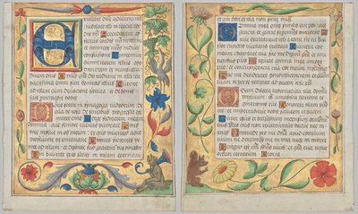 Levél egy zsoltárból és imakönyvből: E betű díszszegéllyel, ülő szatírral és szőlőevő madárral (recto) és díszszegéllyel virágokkal és mókussal (fordítva) (3-ból 2 kivágott levél) alkotó: Unknown artist