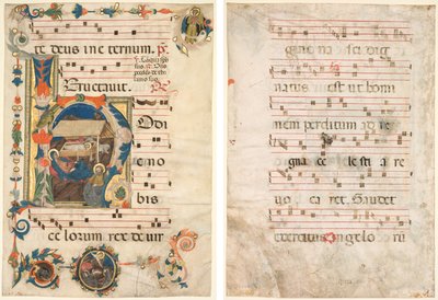 Levél egy antifóniából historiált kezdőbetűvel (H) a Születéssel (recto) és a zenével (verso) alkotó: Unknown artist