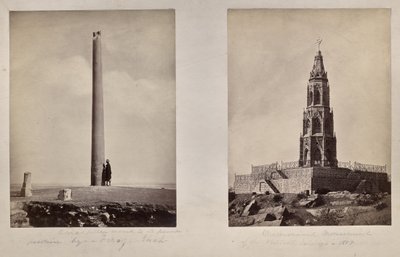 Balra: [Az Ashoka-oszlopot Feroz Shah helyezte a jelenlegi helyére]. Jobbra: A brit katonák emlékműve 1859-ben. alkotó: Unknown artist