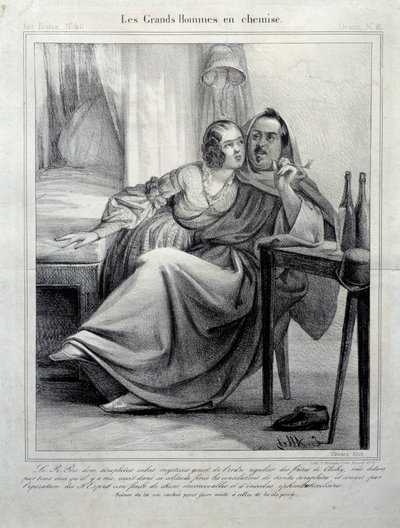 Les grands hommes en chemise Honore de Balzac (1799-1850) író ábrázolása, aki cigarettázó fiatal nőt körülölel. Illusztráció E. Alletről (XIX. század) Paris, Maison Balzac alkotó: Unknown artist