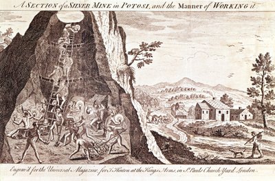 Az ezüstbányák Potosiban, Bolíviában. 19. századi metszet. alkotó: Unknown artist