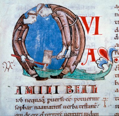 Q”” betű, amely a defrichant szerzeteseket (monks woodcows) ábrázolja”” Miniatűr a „Moráliából Jóbban”” (vagy Megjegyzések a Jób könyvéből) St. Gregoire Azt mondtam a Nagyot vagy a Párbeszéd (532-604), III. kötet 59. fóliója, XII. század eleje alkotó: Unknown artist