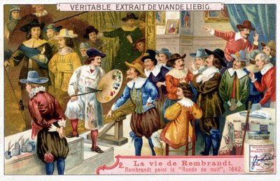 Liebig kromolitográfiája Rembrandt (1606 - 1669) holland festő életéről. Itt az éjszakai kör 1642-ben. alkotó: Unknown artist