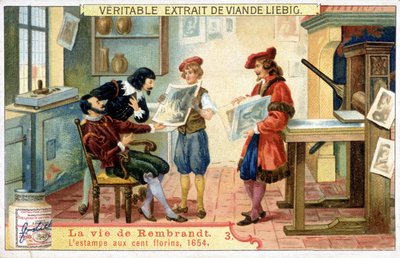 Liebig kromolitográfia Rembrandt (1606 - 1669) holland festő életéről. Ez a 100 guldenes lenyomat 1654-ben. alkotó: Unknown artist