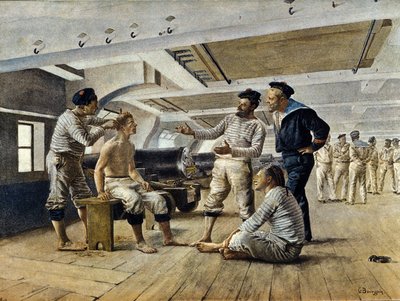 Élet egy francia hadihajó fedélzetén: a hajóborbély megborotválja a tengerészeket, 1800 körül alkotó: Unknown artist