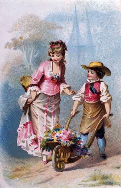 Kiskertész: egy fiatal fiú virágokkal teli talicskával beszélget egy fiatal asszonnyal faluba úton. kromolitográfia 1880. alkotó: Unknown artist