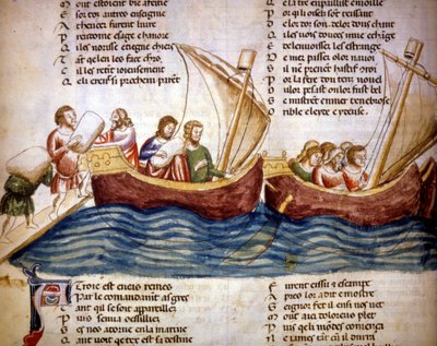 Rakomány rakodása a fedélzetre, 13. század vége. A „Roman de Troy” miniatúrája, Benoit de Saint Maure. 14. századi Biblioteca Marciana, Velence alkotó: Unknown artist