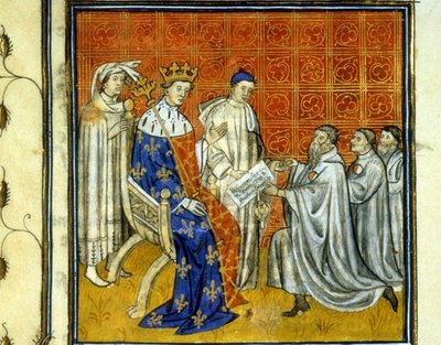 X. Lajos (1289-1316) oklevelet ad a királyság zsidóinak – A zsidók megváltása 1315-ben azon jogukból, hogy visszatérjenek a francia királyságba, miután Bél Fülöp 1308-ban kiűzte. A fehér és piros kerékről azonosíthatók. Illumina alkotó: Unknown artist