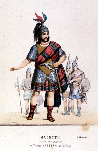Macbeth karakter harcos jelmezben Giuseppe Verdi (1813 - 1901) azonos című operájában William Shakespeare munkája nyomán. 1847. Metszet. alkotó: Unknown artist