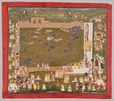 Maharana Sangram Singh II of Mewar (ur. 1710–1734) és Vaddisznóvadászatot rendez tigrisekkel Sadriban alkotó: Unknown artist