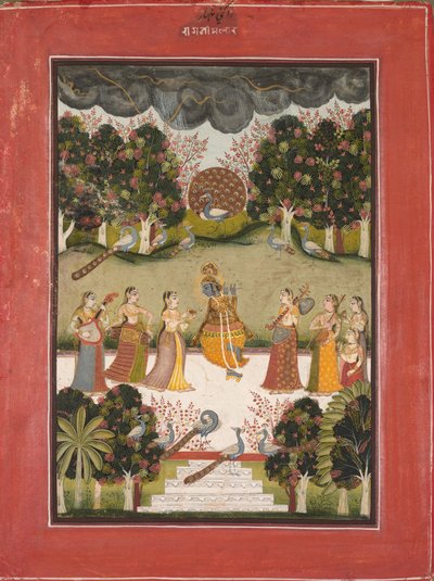 Malar Ragini: Krishna furulyán játszik hét hangszert tartó gopinak, a Ragamala sorozatból alkotó: Unknown artist