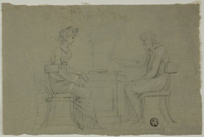 Férfi és nő ül az asztalnál alkotó: Unknown artist